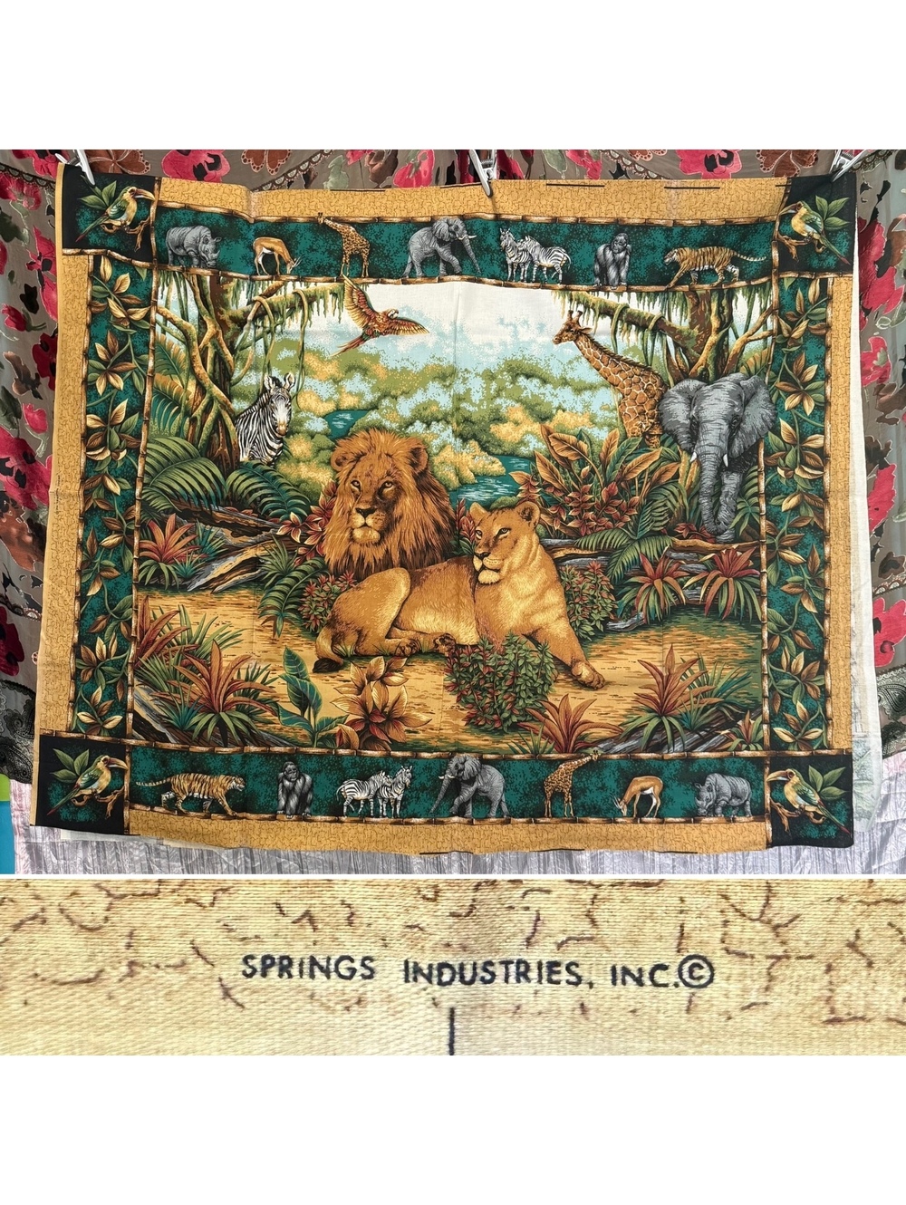 Vintage Safari Lion Wildlife Fabric Panel Springs Industries Rare/OOP Quilting